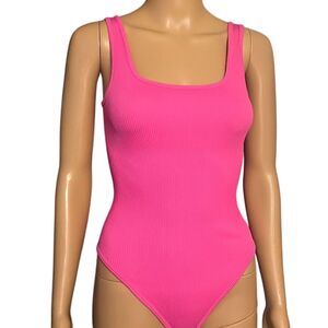 Women's Sleeveless Ribbed Bodysuit Pink Square Neck Tank Size S NWOT